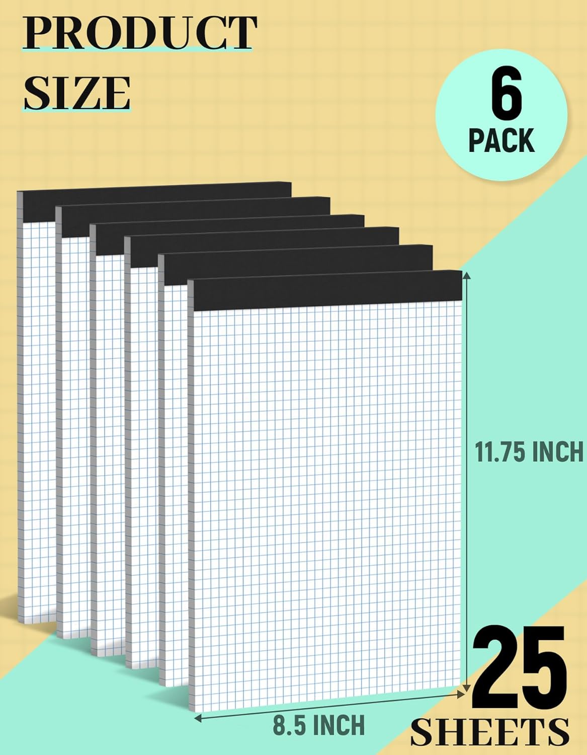 Graph Paper 8.5 x 11, 6 Pack, 4x4 Graph Ruled, Grid Paper 8-1/2 x 11, Blueprint Quadrille Pad 8.5'' x 11'', Easy Tear Off Graph Paper Pad White Grid Notebook, White Draft Paper 25 Sheets/Pad