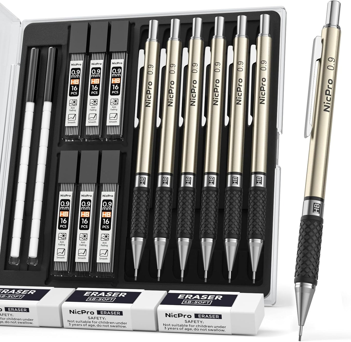 Nicpro 0.9 mm Art Mechanical Pencils Set in Gift Case, 6 PCS Metal Drafting Pencil 0.9mm with 6 Tube HB Lead Refills & 18 PCS Eraser Refills for Adults, Children, Artist Writing, Drawing, Sketching