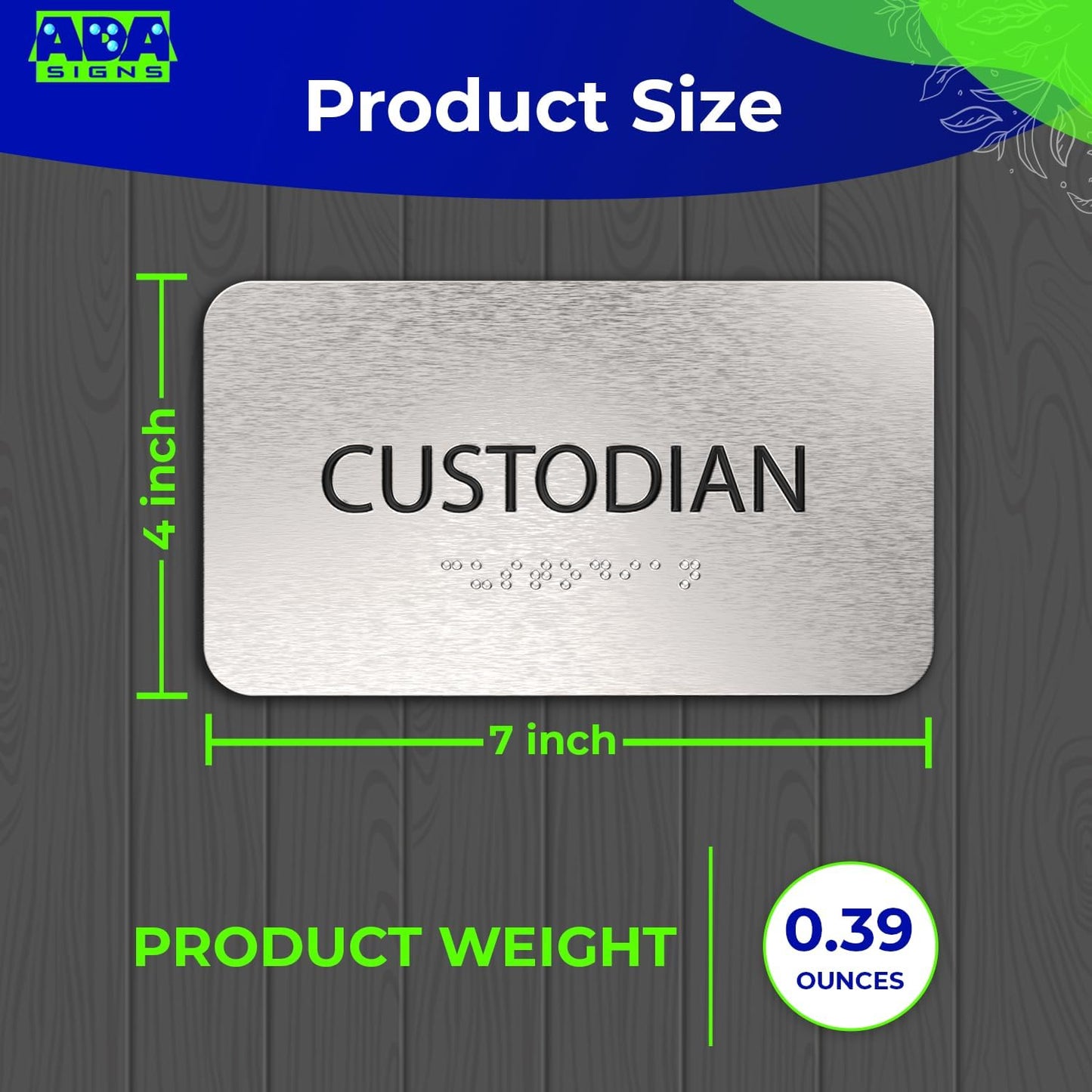 ADASigns Custodian Closet Sign 7" W x 4" H Durable Brushed Aluminum with Grade 2 Braille - Easy Installation with Adhesive Double Sided Tape - ADA Compliant Custodian Sign for Office & Businesses