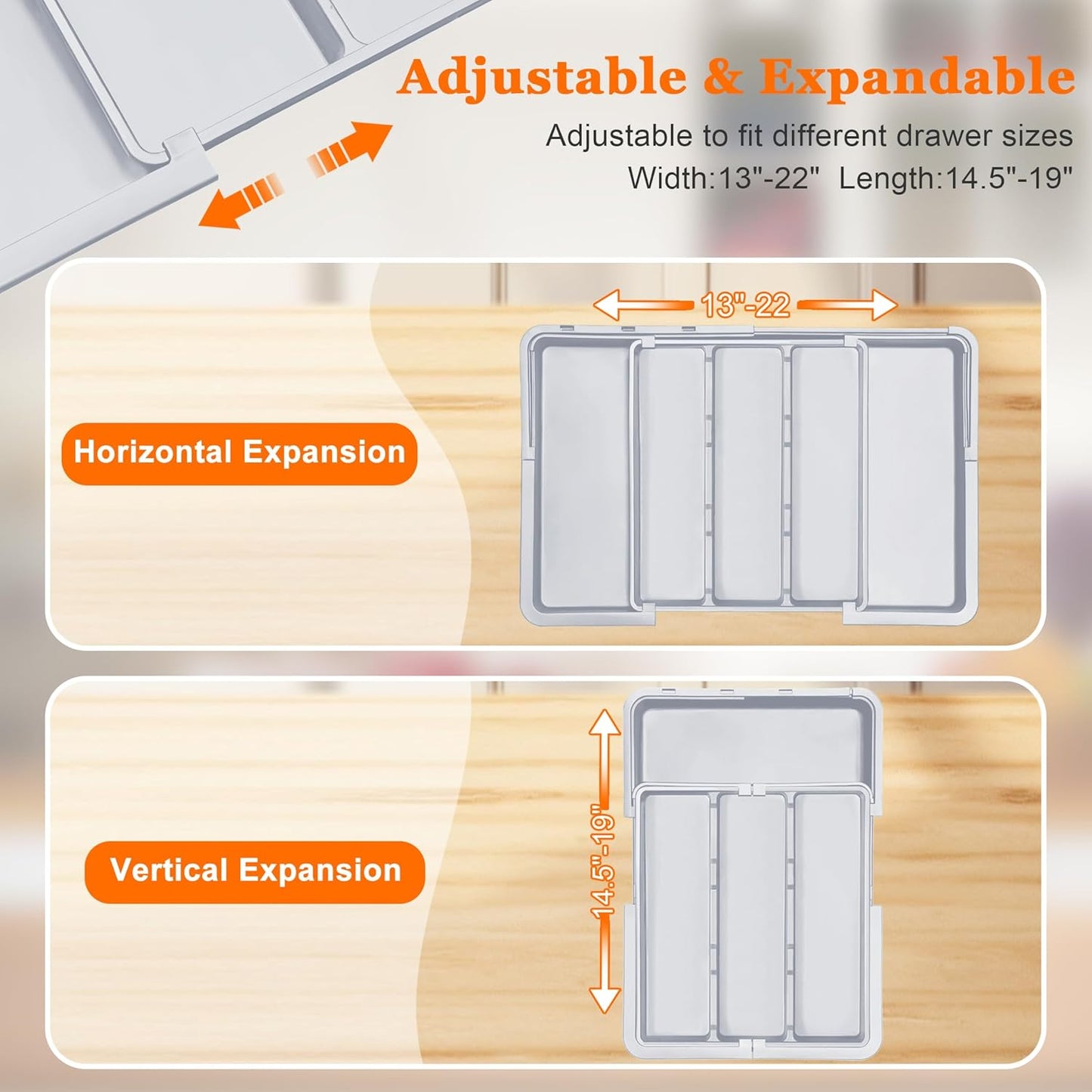 Large Utensil Drawer Organizer Expandable Silverware Organizer for Kitchen Drawer Adjustable Cooking Utensil Holder Cutlery Flatware Tray Spatula Tools Gadgets Storage Dividers Plastic Grey