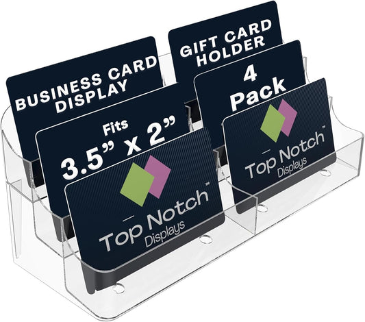 6 Pocket Clear Acrylic Business/Gift Card Holder, Fits standard-sized business cards or gift cards, For Use In Office, Retail, and Hospitality - Pack of 4