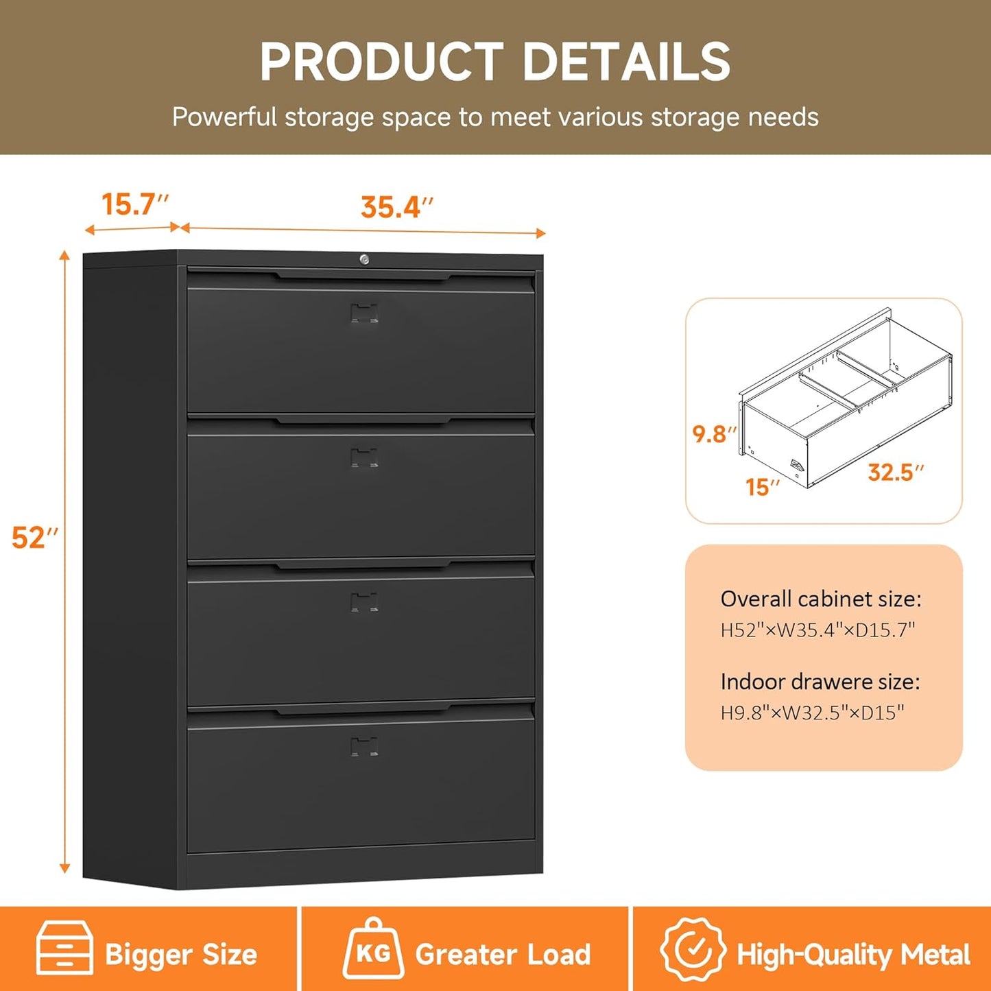 File Cabinet, 4 Drawer Metal File Cabinet with Lock, Lateral File Cabinet for Home and Office, Lateral File Cabinet for A4 Legal/Letter Size, Assembly Required (Black, 4 Drawer)