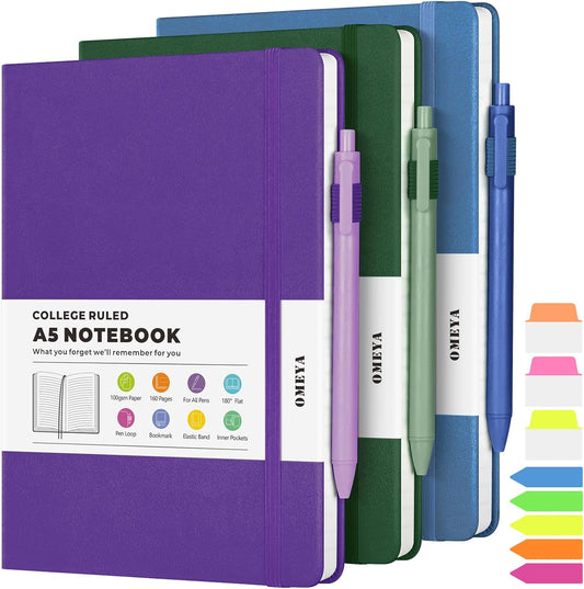 Lined Journal Notebook, 3 Pack A5 College Ruled Notebooks for Work, Hardcover Notebook Each with 2 Pockets & Pen, Leather Journal for Women, Men, 160 Pages, 100GSM Thick Paper (Blue, Purple, Green)