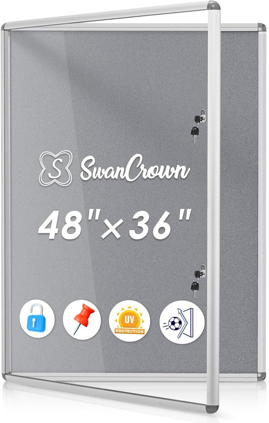 SWANCROWN Enclosed Bulletin Board 48x36 in, Tamperproof Lockable Grey Felt Board Wall Display Case for Office School Home, Aluminum Frame