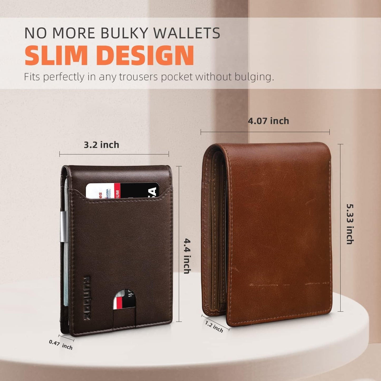 RUNBOX Slim Wallets for Men - Leather Money Clip Mens Wallet - RFID Blocking Front Pocket Bifold Wallet - Thin Credit Card Holder with Gift Box