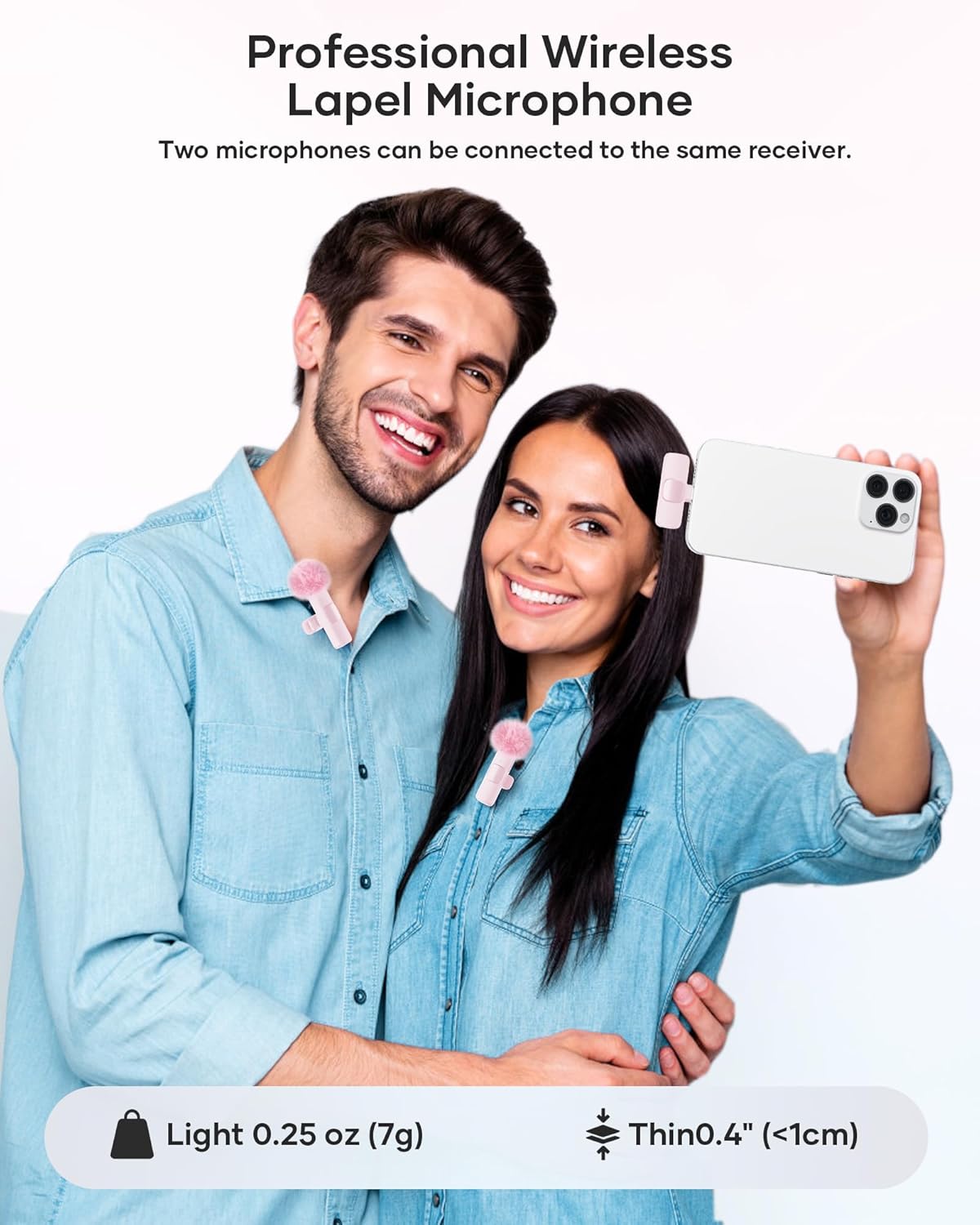 Wireless Lavalier Microphone for iPhone iPad and Android Phone, 2 Pack Lapel Mic Plug and Play Wireless Mic Noise Reduction Microphone for Video Recording Interview Podcast Vlog YouTube Tiktok (Pink)