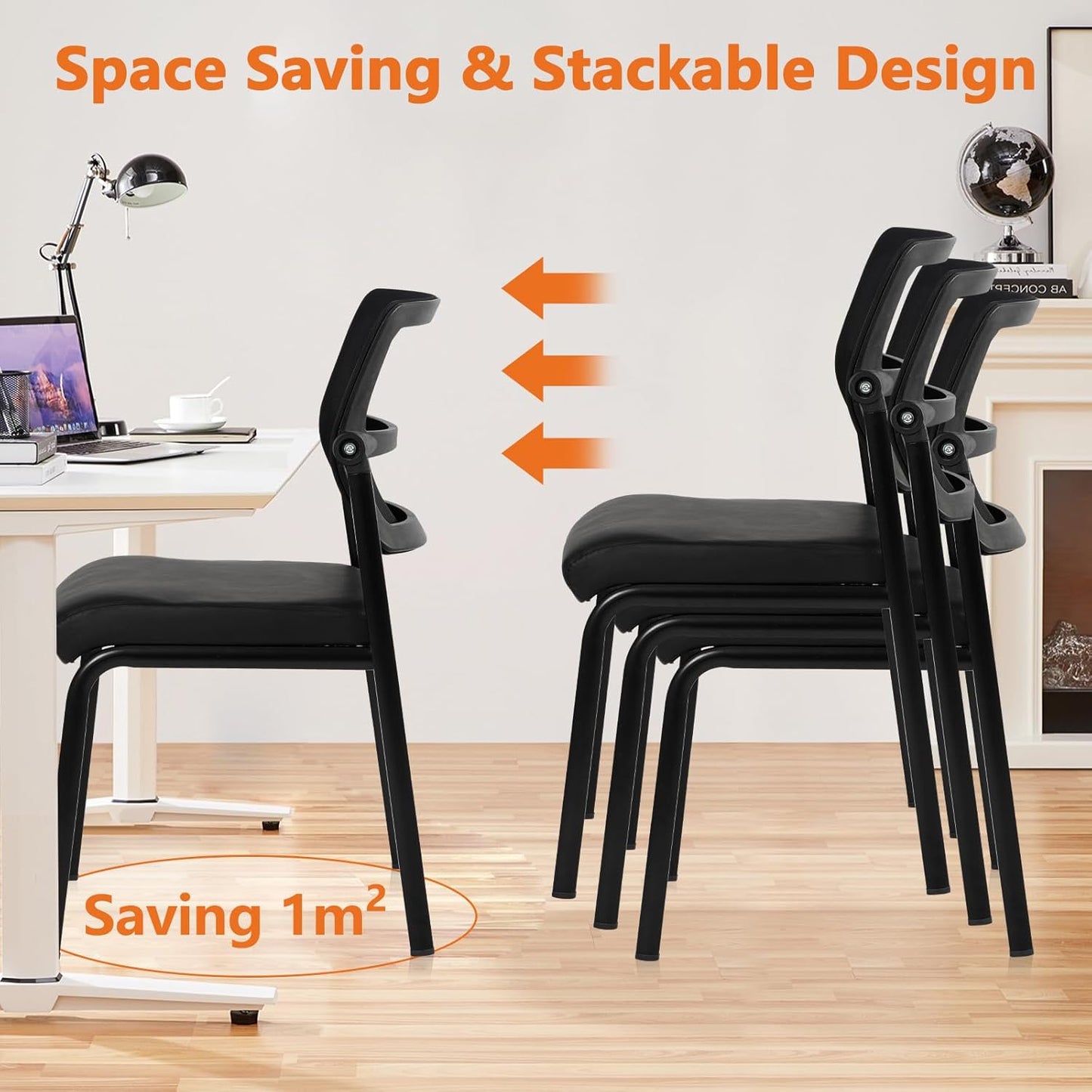 CLATINA Stacking Waiting Room Chairs, Adjustable Mesh Backrest Armless Office Guest Reception Chair with Leather Cushion and Ergonomic Lumbar Support for Conference Lobby Side School Classroom, 4PK