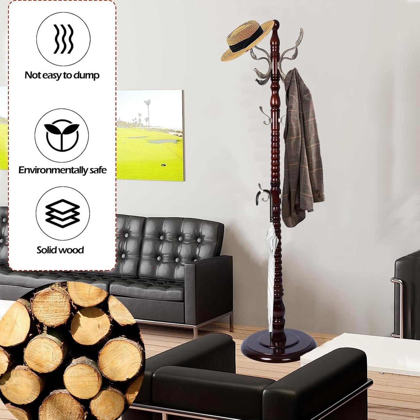 Coat Racks Free Standing with 14 Hooks, Natural Wood Coat Stands for Entryway, Adjustable Height 73 in Tree Coat Rack Stand for Hallway Home Office Bedroom (Mahogany metal)