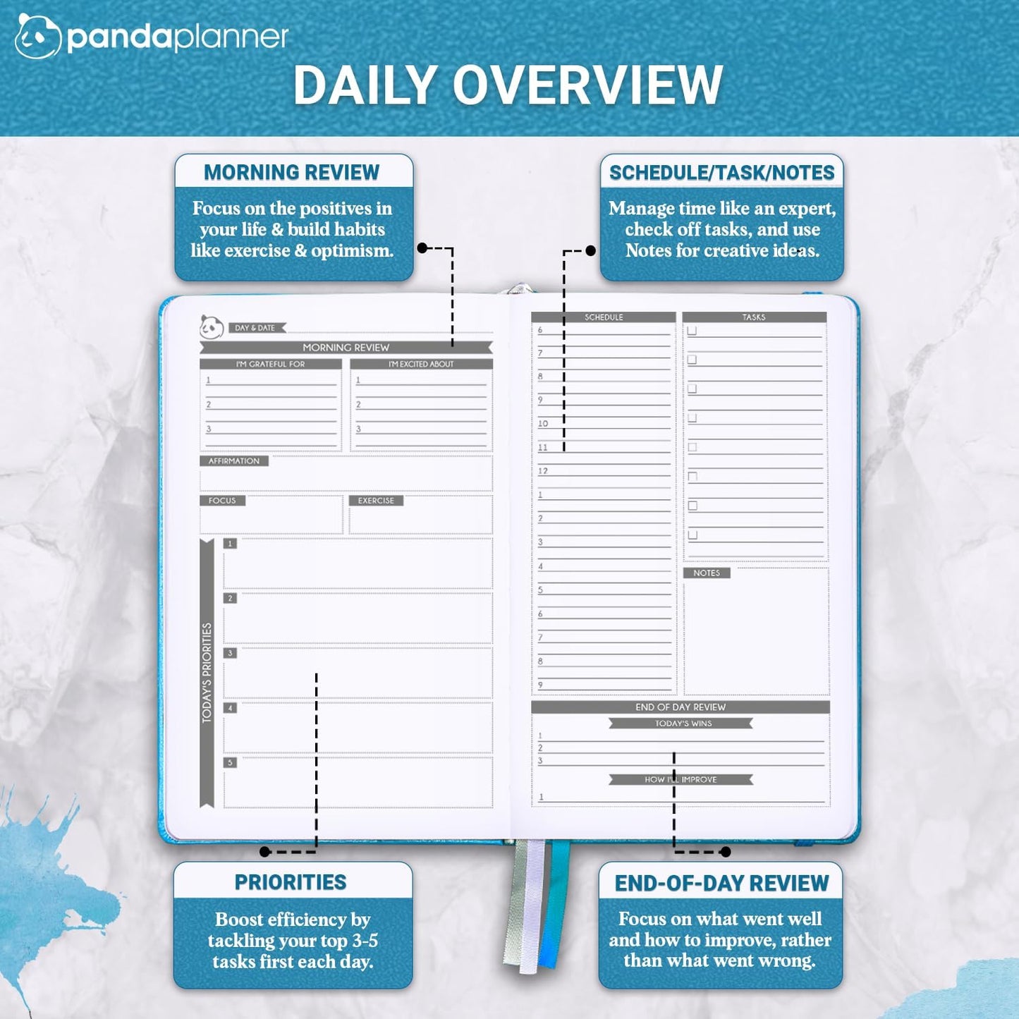 Panda Planner 2025-2026 – Classic Academic Daily, Weekly & Monthly Undated Planner, Agenda & Calendar Notebook – Productivity & Goals – Cyan Blue