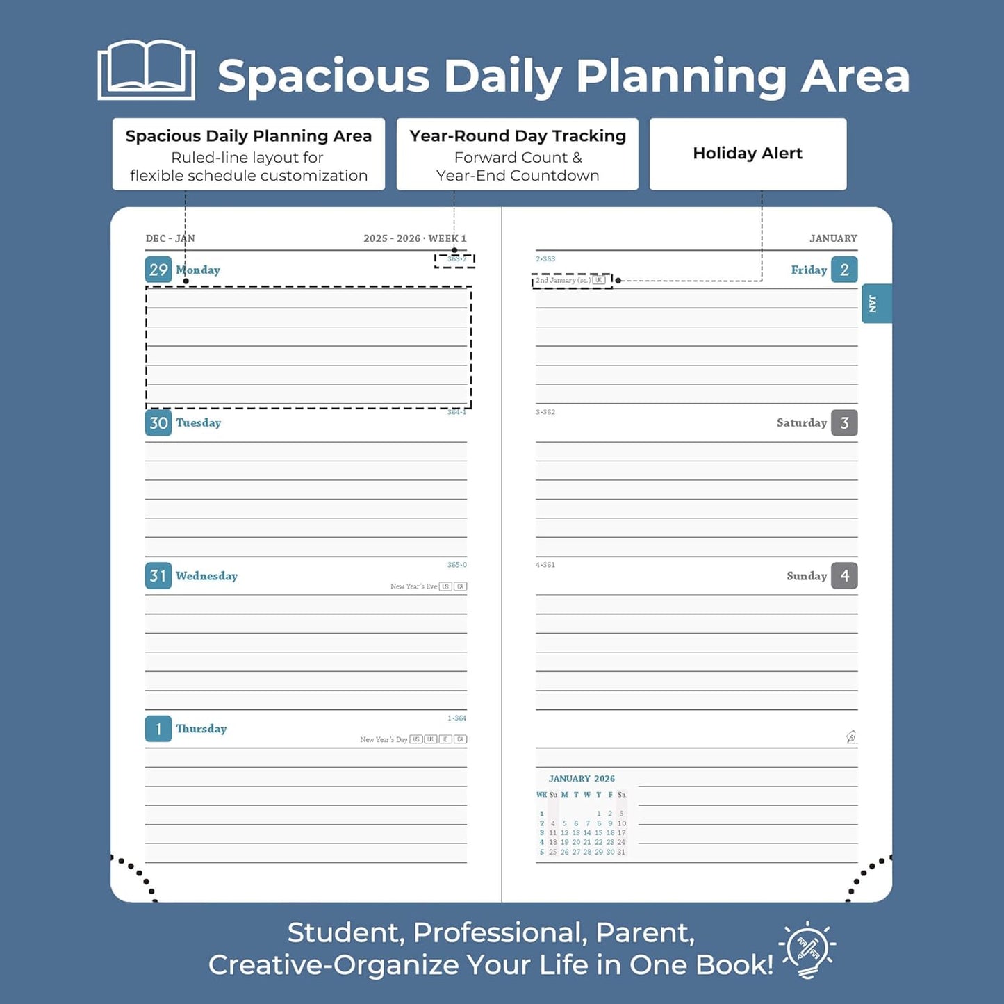 Planner 2026 Daily Weekly and Monthly,6.5"x3.75",12 Months Spiral Bound Calendar Agenda with Self-adhesive Pen Holder,2026 Appointment Book with Vegan Leather Soft Cover,Blue