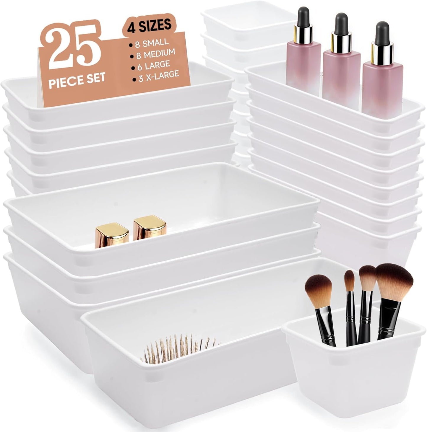 Kitchen Desk Drawer Organizers Storage for Office, Small Acrylic Vanity Trays Makeup for Drawer Bathroom Plastic Make up Organizers 25 Pcs White