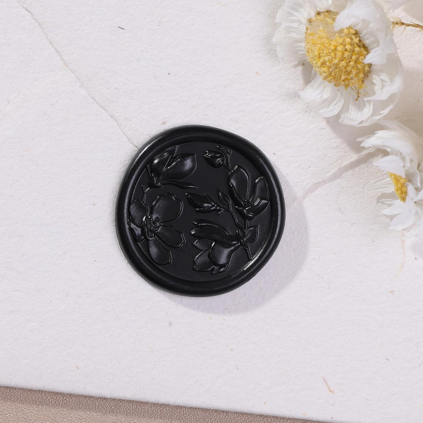 UNIQOOO Wax Seal Stickers - 3D Magnolia Wedding Invitation Envelope Botanical Seal Sticker, 50 Pcs Self- Adhesive Black Stickers, Perfect for Invitation, Christmas, Gift Wrapping, Party