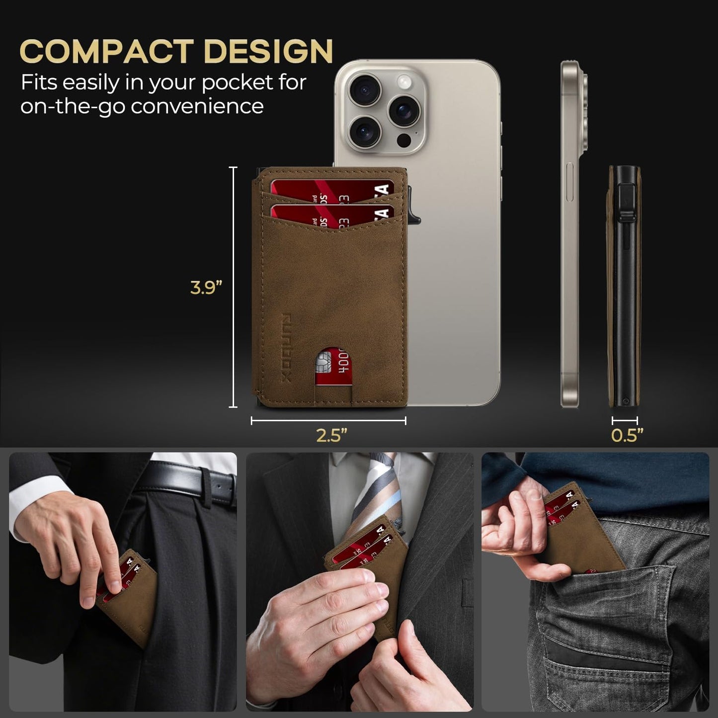 Slim Card Wallet for Men with ID Window – Minimalist RFID Wallet, Pop-Up Function, Ultra Thin Design, Metal Business Card Case Holds 8+ Cards, Gifts for Men, Men's Accessories