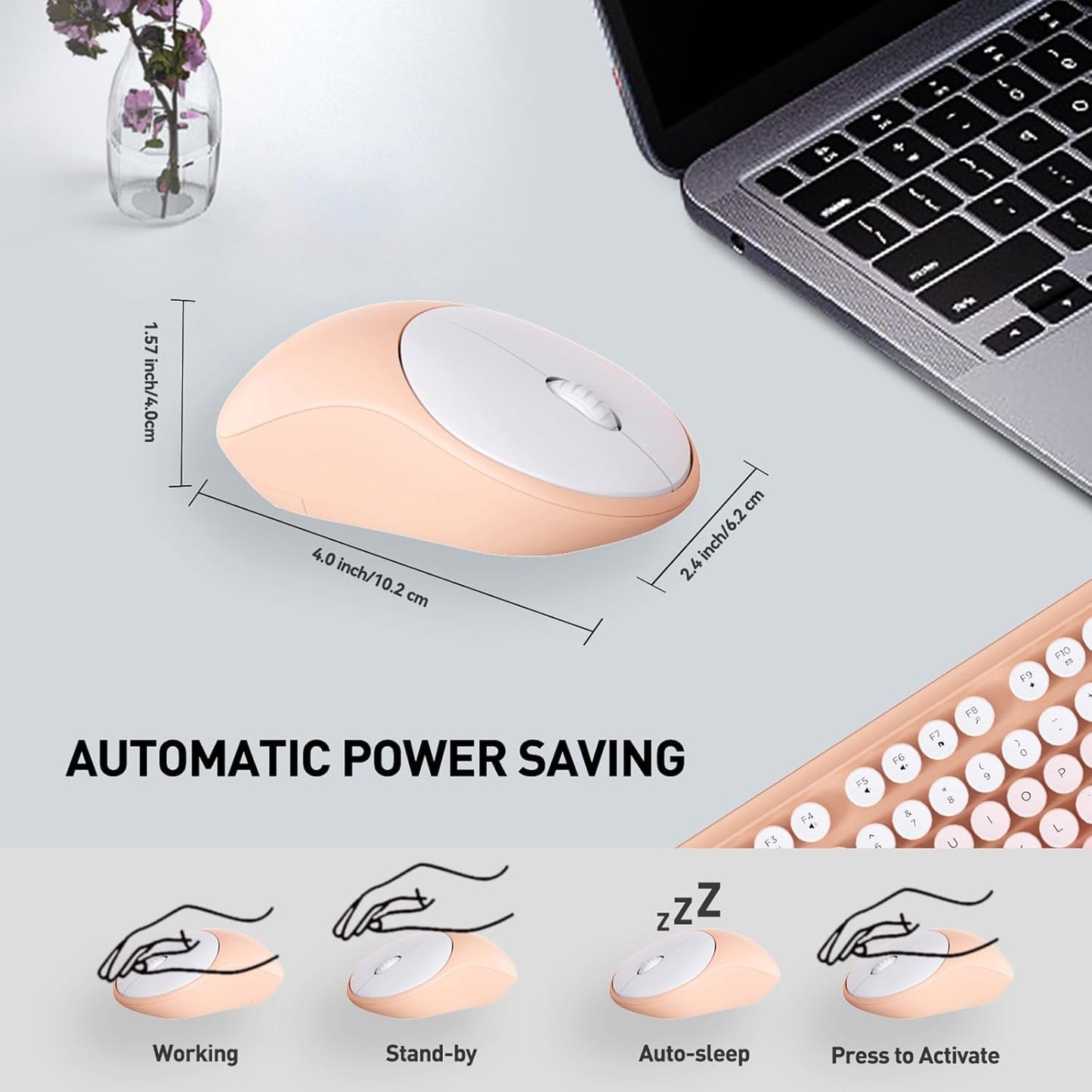 Wireless Keyboard and Mouse Combo, 105 Round Keys Full-Size Cute Colorful Pink Cordless Keyboard and Mouse with Retro Typewriter for PC/Mac/Laptop/Tablet/Computer/Windows Pink