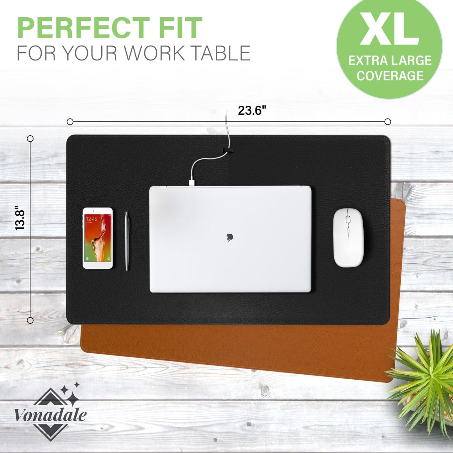 Leather Desk Mat for Keyboard and Mouse, Office Desk Mat Cable Organizer, Black 13.8" x 23.6"