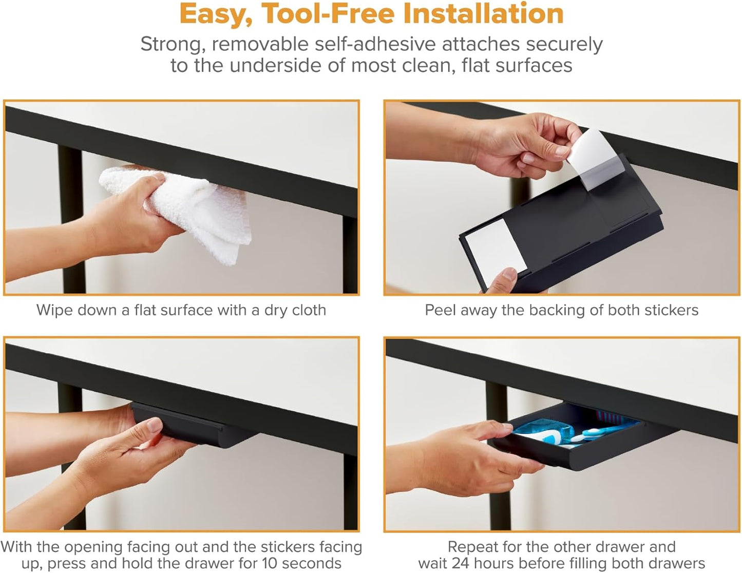 Bostitch Konnect Under Desk Drawer, Self-Adhesive Slide Out Storage Organizer with 4 Customizable Dividers, 2-Pack