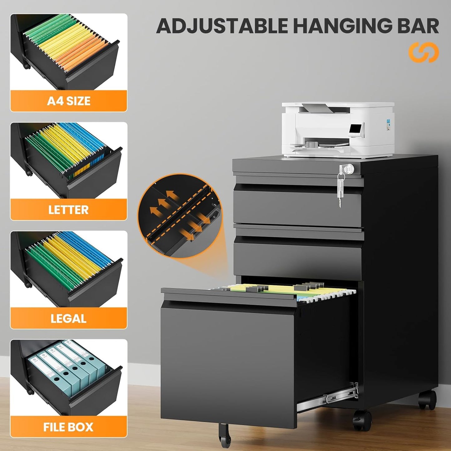 3 Drawer File Cabinet, Fully Assembled Mobile File Cabinets with Lock for Home Office, Metal Rolling Filing Caninet on Wheels, Three Drawer Under Desk Cabnet for Letter/Legal / A4 - Black