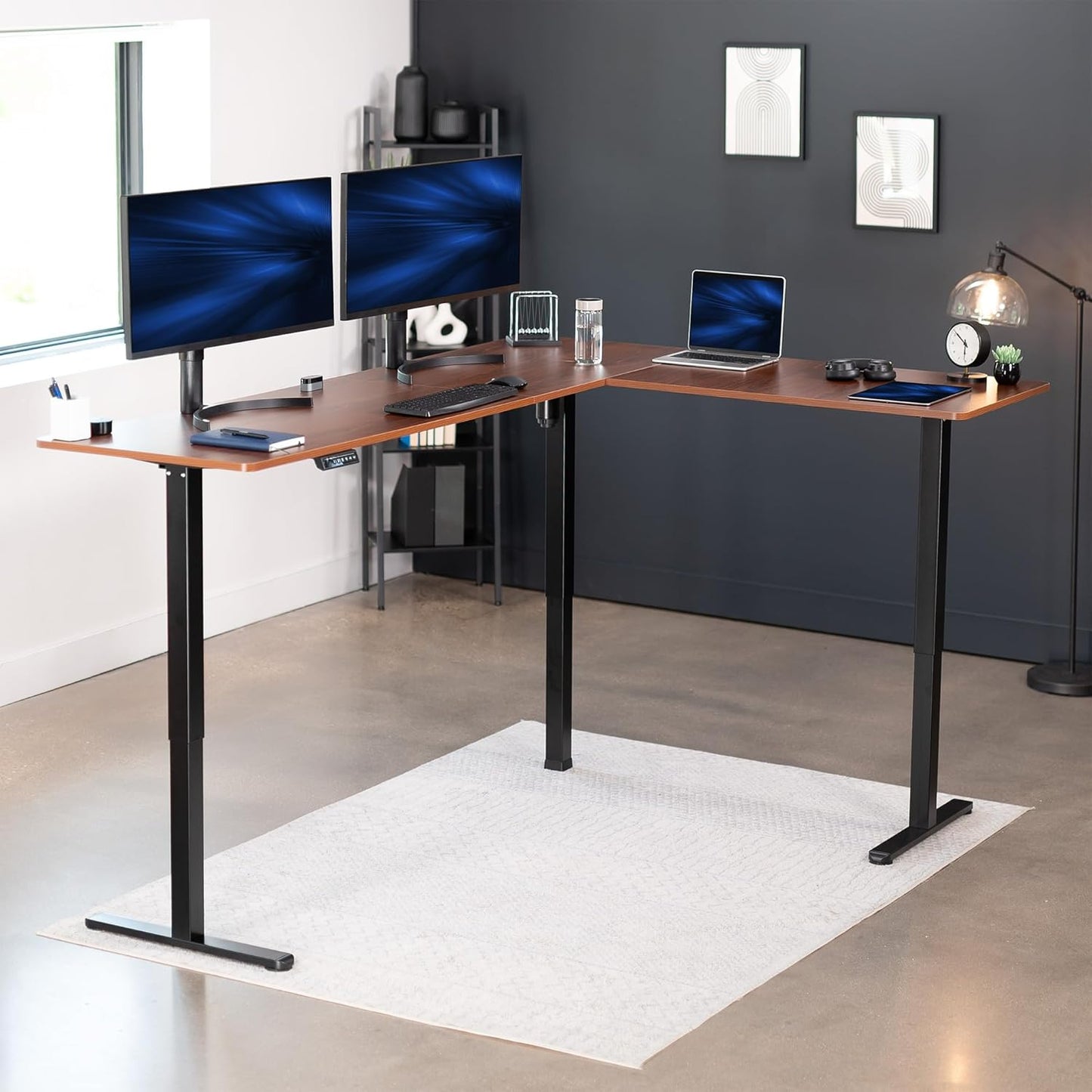 VIVO Electric Corner L-Shaped 84 x 63 in Standing Desk, Memory Height Adjustment, Dark Walnut Top Black Frame, DESK-E3CTBD-84