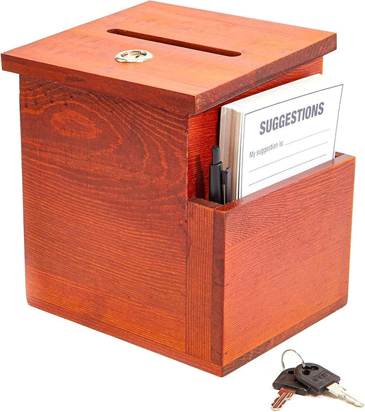 Juvale Suggestion Box with Slot & Lock - 7.5 x 7.1 x 5.5 in, Brown Rustic, 50 Blank Cards, Pen & 2 Keys - Drop Box with Lock