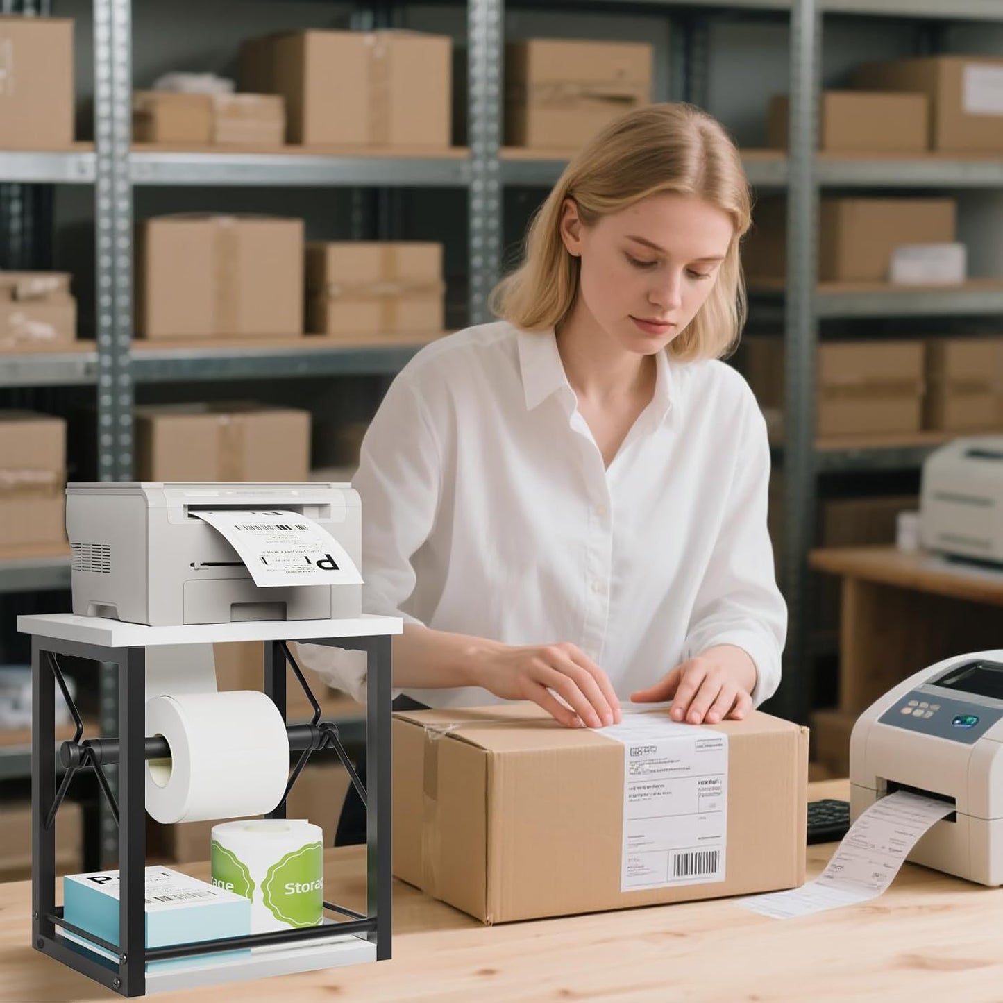 Label Holder for Rolls and Fan-Fold Labels, Shipping Thermal Label Holder, Sticker Roll Holder for Small Business & Home Office, Vintage White