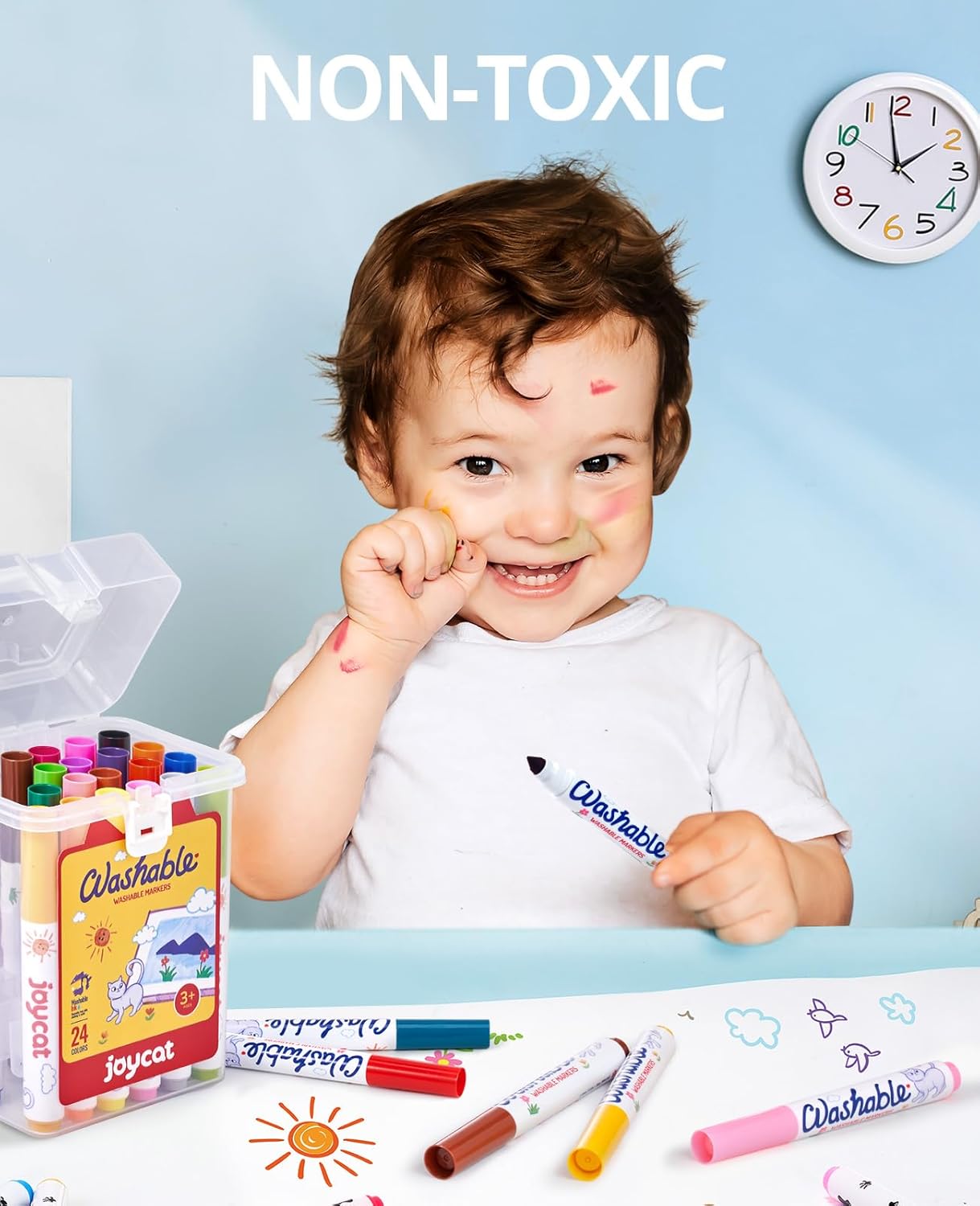 JoyCat 24 Count Washable Markers for Kids, 24 Colors Washable Markers Set with Carrying and Storage Case, Coloring Marker Bulk for Boys Girls, School Classroom Supplies