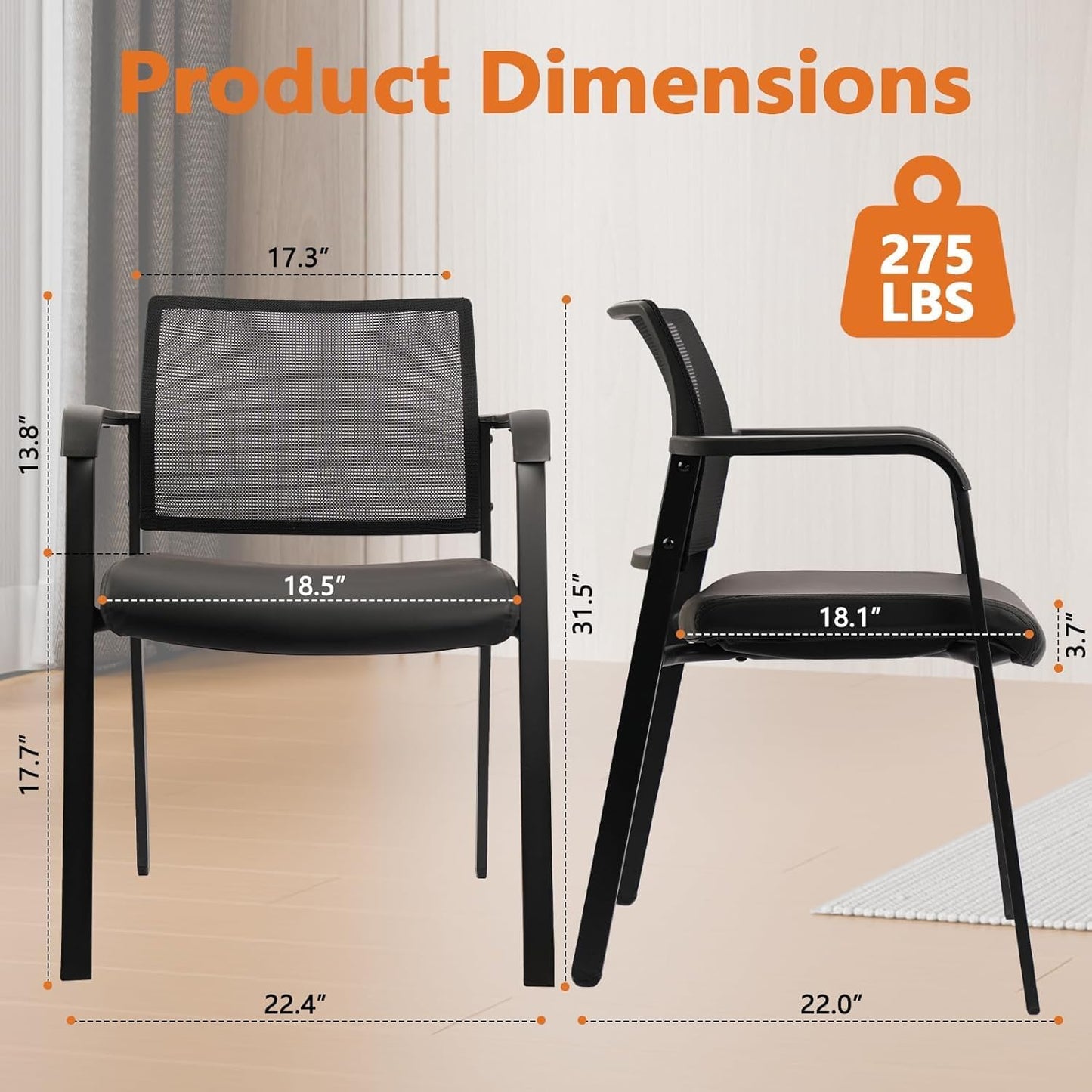 CLATINA Stackable Office Chair, Mesh Back Guest Chairs with Comfortable Leather Seat Arms Stacking Ergonomic Desk Chair No Wheels for Conference Waiting Reception School Stationary, Black, Set of 8