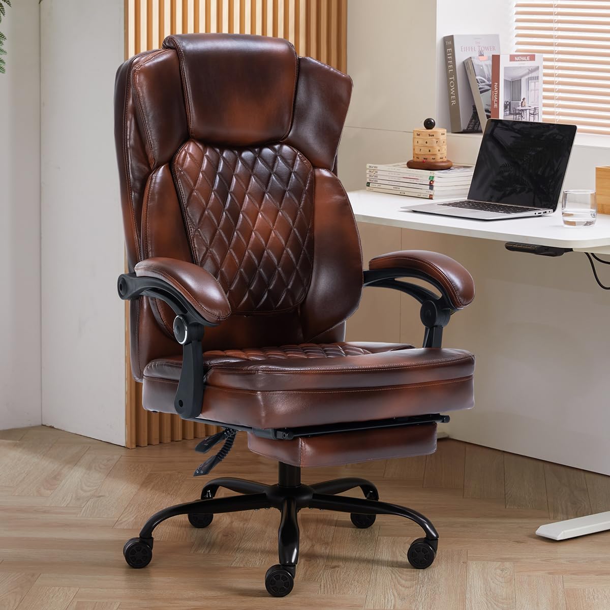 Ergonomic Office Chair with Foot Rest, Executive Chair with Footrest PU Leather Computer Chair, Big and Tall Chair Reclining Desk Chair, Thick Padded Coil Spring Seat, 400 lbs Capacity (Brown)
