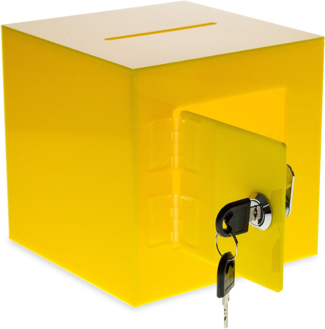 Source One Premium Acrylic Cube Donation Box with Deluxe Rear Open Door and Cam Lock Suggestion Box (6 Inch, Yellow)