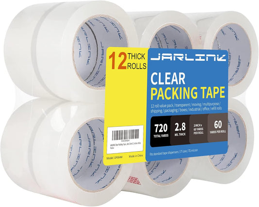 JARLINK Clear Packing Tape (12 Rolls), Heavy Duty Packaging Tape for Shipping Packaging Moving Sealing, Stronger & Thicker 2.8mil, 2 inches Wide, 60 Yards Per Roll, 720 Total Yards