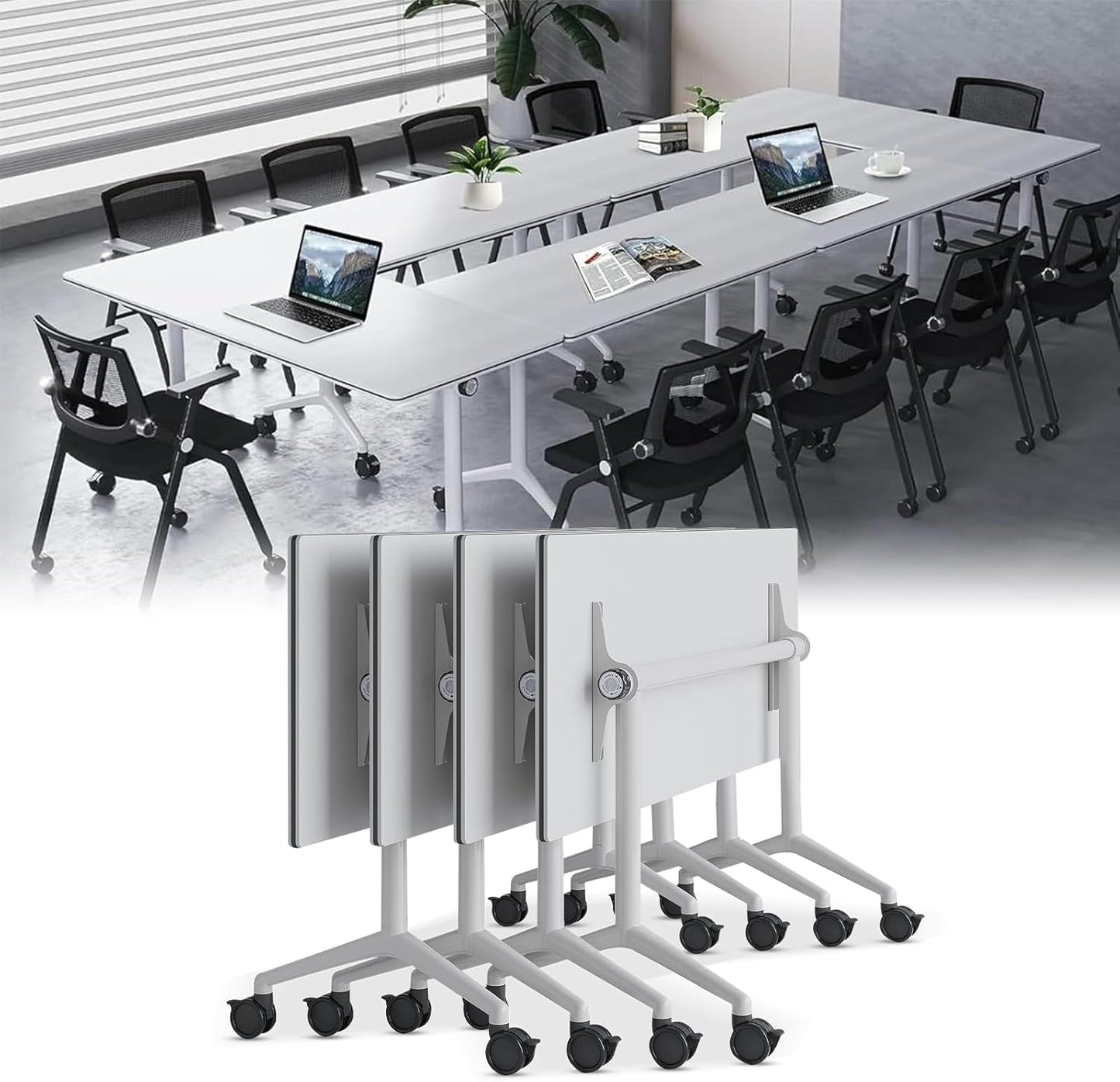 Conference Table, Folding Conference Desk Modern White, Seminar Table with Wheels, 2-10 People for Office, Meeting Break Room (4, 1915, 71IN)