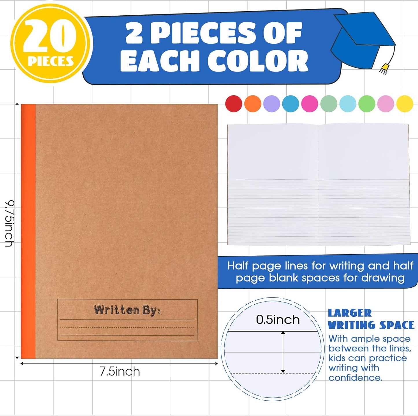 Henoyso 20 Pcs Primary Composition Notebook 9 3/4 x 7 1/2 Inch Kids Journal, Back to School Supplies, K-2 Primary Writing Notebook for Kids Student Draw and Write Story Journal (Classic Color)