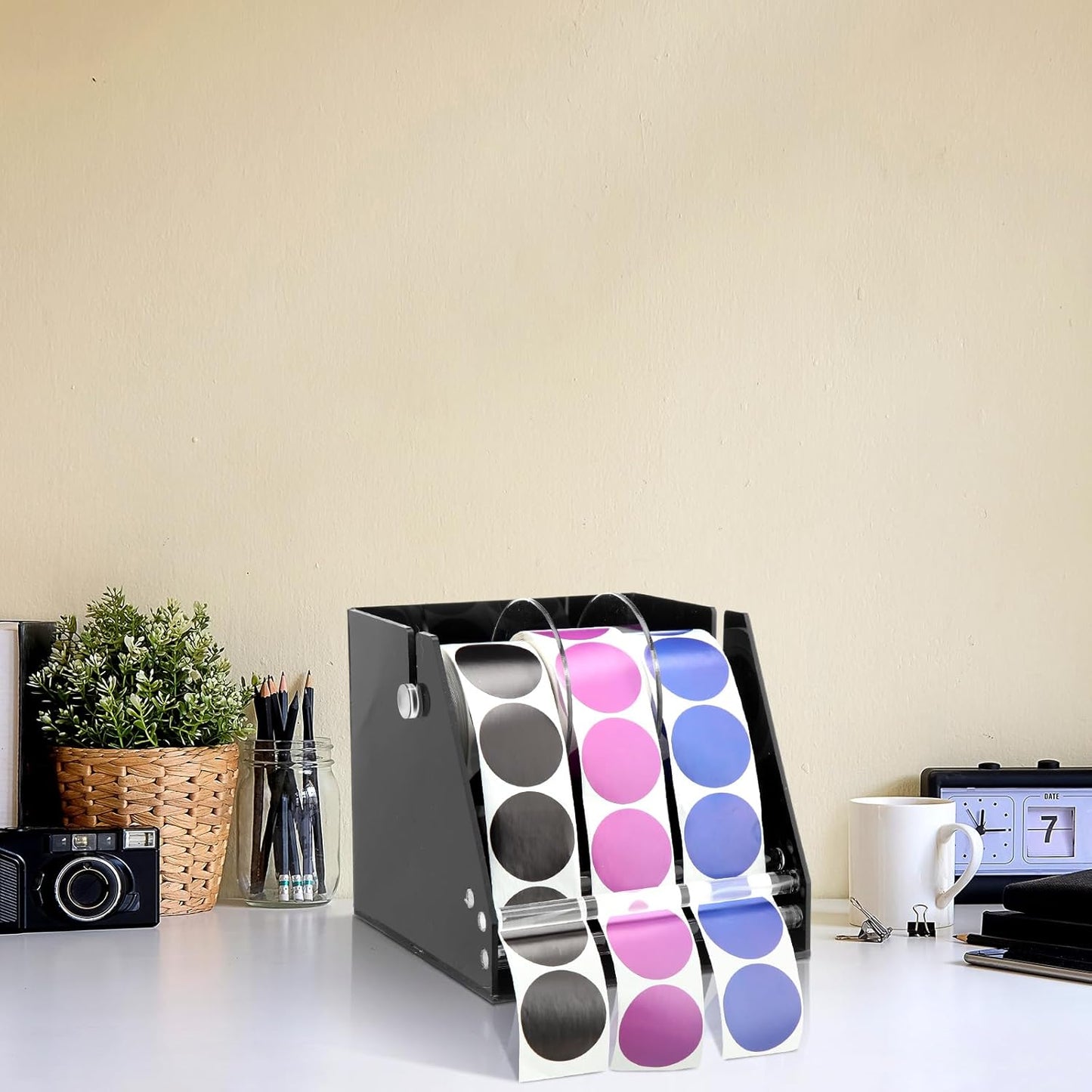 Adjustable Label Dispenser Acrylic Sticker Roll Dispenser Label Roll Holder Multi Use Sticker Holder Organizer Stand for School Gifts and Home Office Desktop (3 Disks)