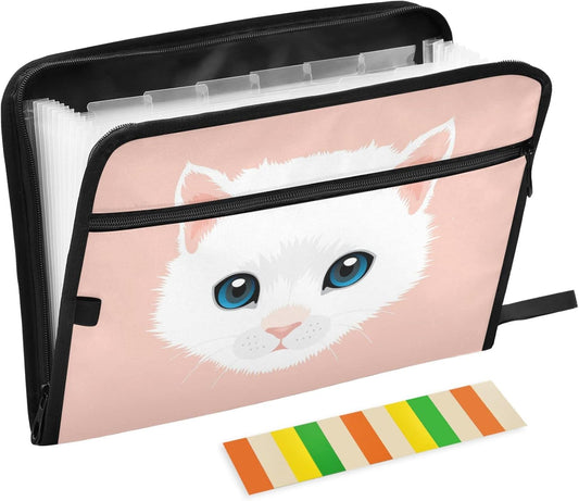 White Persian Cat Expanding File Folder 13 Pockets with Zipper Cute Dog Expandable Filing Folders Accordion Document Files Organizer for A4 Letter Size Paper