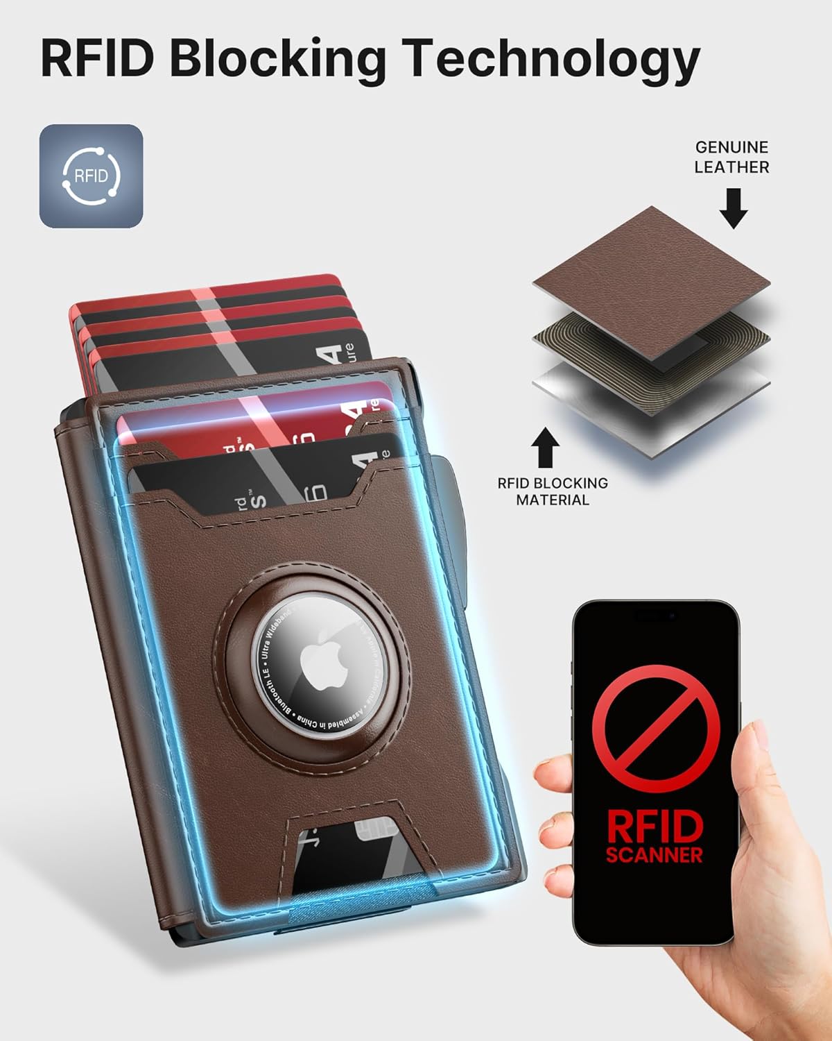 typecase AirTag Wallet for Men: Pop Up Card Case, Secure Holder for Apple Air Tag, Premium Leather, Smart, RFID Blocking, Slim, Minimalist, Thin, 13 Cards Capacitiy | ID Window | Money Clip (Brown)