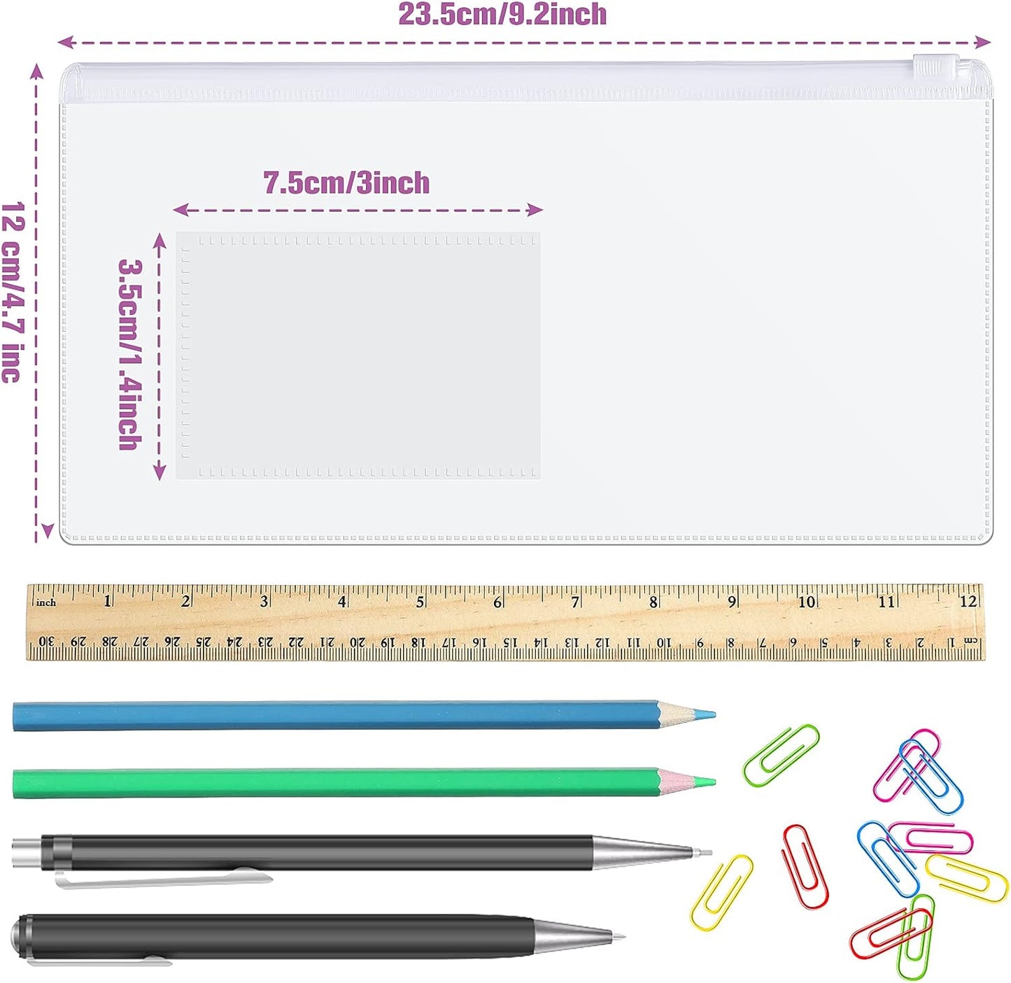 Marspark 100 Pieces Clear Pencil Case Zipper Envelope Bulk with Label Pocket Clear Plastic Envelopes with Zippered, A6 Pencil Bags for Cash, School Office Supplies, 9.2 x 4.7 Inches(White)