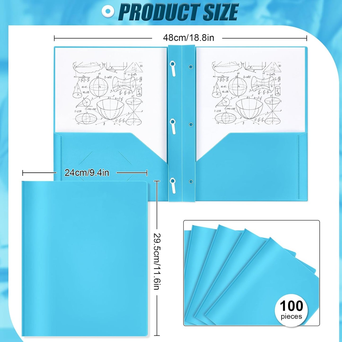 Lincia 100 Pcs Plastic Folders with Pockets and Prong Folders with Prongs Plastic Folders with 2 Pockets Pocket Folders for Office, School for Students, Teachers, Office Workers (Light Blue)