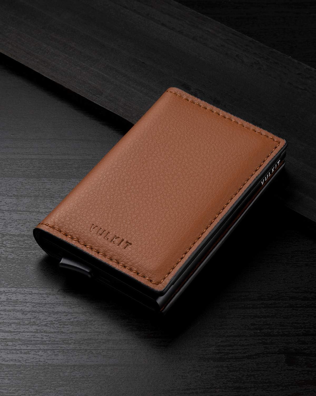 VULKIT Credit Card Holder RFID Blocking Leather Automatic Pop Up Wallet Aluminum Slim Pocket Business Card Case