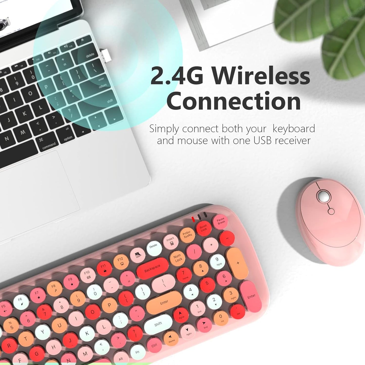 Wireless Keyboard and Mouse Combo, MOWUX - Modern Compact Layout, Colorful Compact Candy Mouse and Retro Round Keyboard Set with Cover, for PC/Laptop/Windows/Mac - Pink Colorful