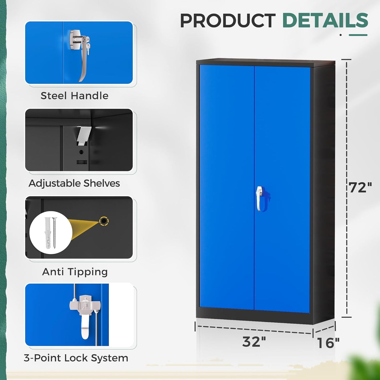 Greenvelly Metal Garage Storage Cabinet, 72" Tall Steel Storage Cabinets with 2 Doors and 4 Adjustable Shelves, Metal Tool Cabinets, Locking File Cabinet for Home Office, Garage, School (Black Blue)