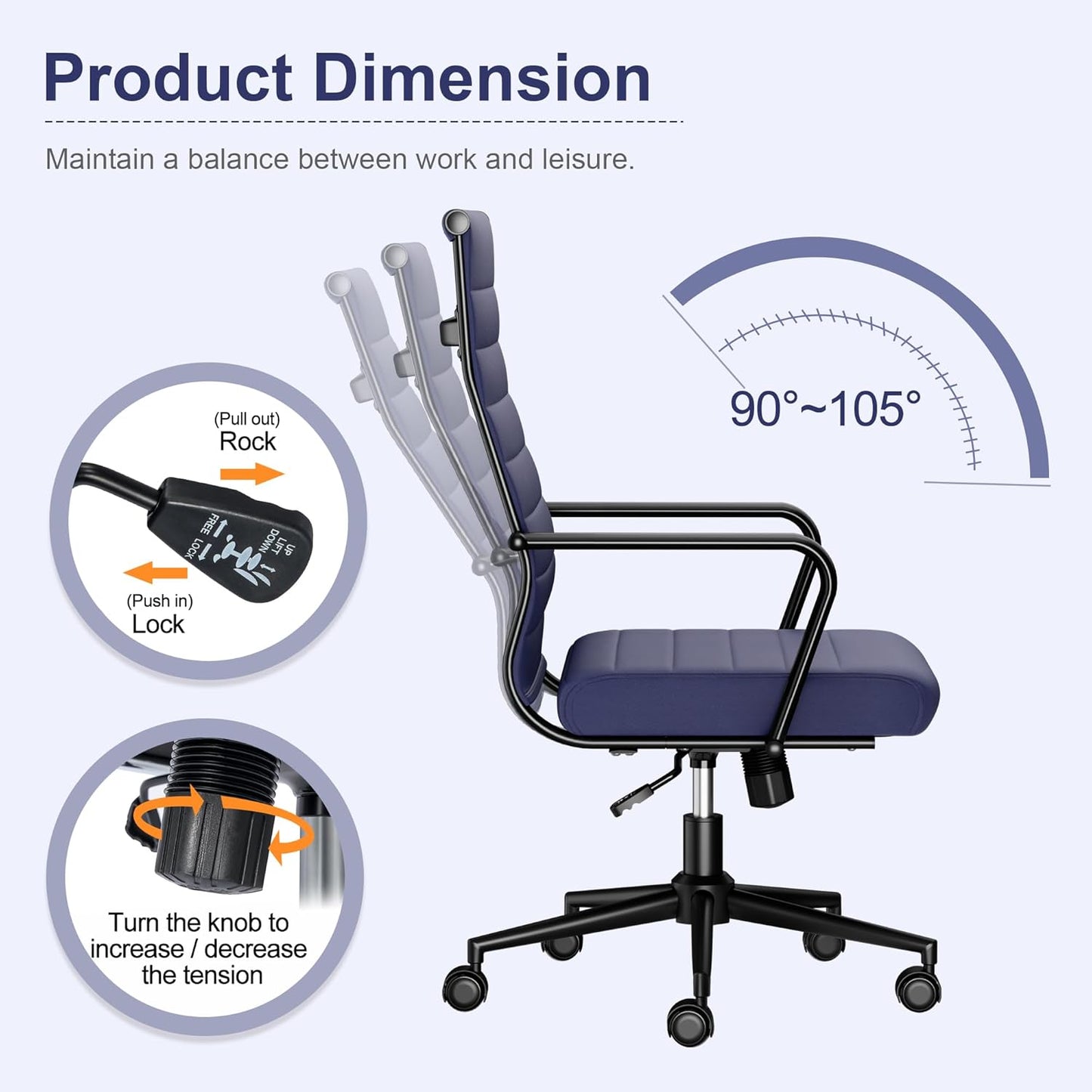 Okeysen Office Desk Chair Conference Room Chairs Modern Ergonomic Executive Swivel Chair Adjustable Height PU Leather Home Desk Chairs with Armrests Comfy Computer Task Chairs with Wheels (Navy Blue)