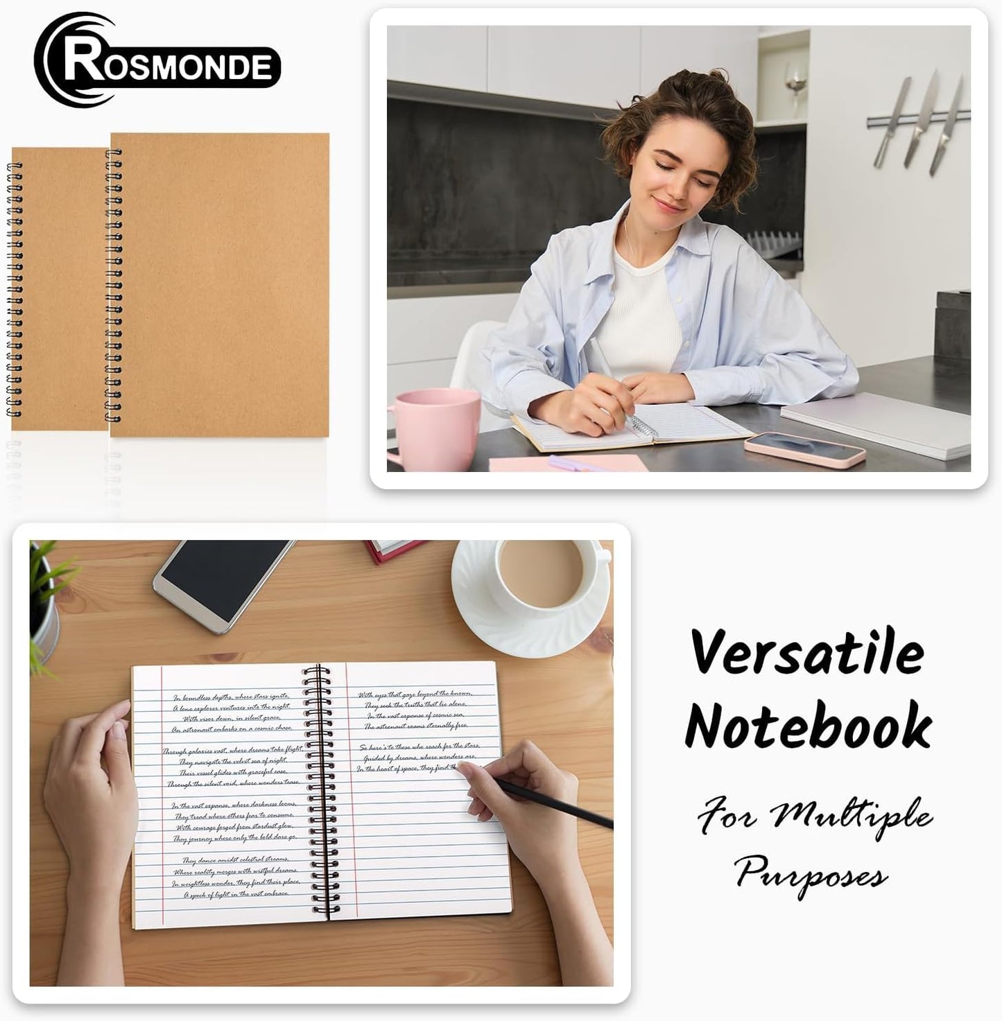 12 Pack Spiral Wide Ruled Journal Notebook, 5.8 x 8.3, 120 Pages (60 Sheets), 100 GSM, A5 Executive Kraft Hardcover Notebooks, Perfect for Work, Office, School, Travel, Business, Note Taking