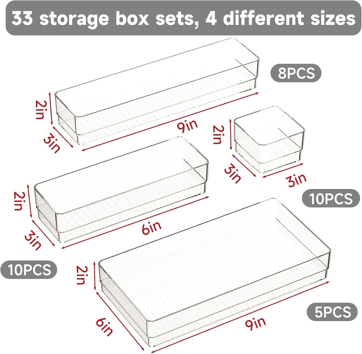33 PCS Clear Plastic Drawer Organizer Set, 4 Sizes Acrylic Drawer Storage Trays Non Slip Storage Bins for Makeup, Jewelry, Gadgets for Kitchen, Bedroom, Bathroom, Office