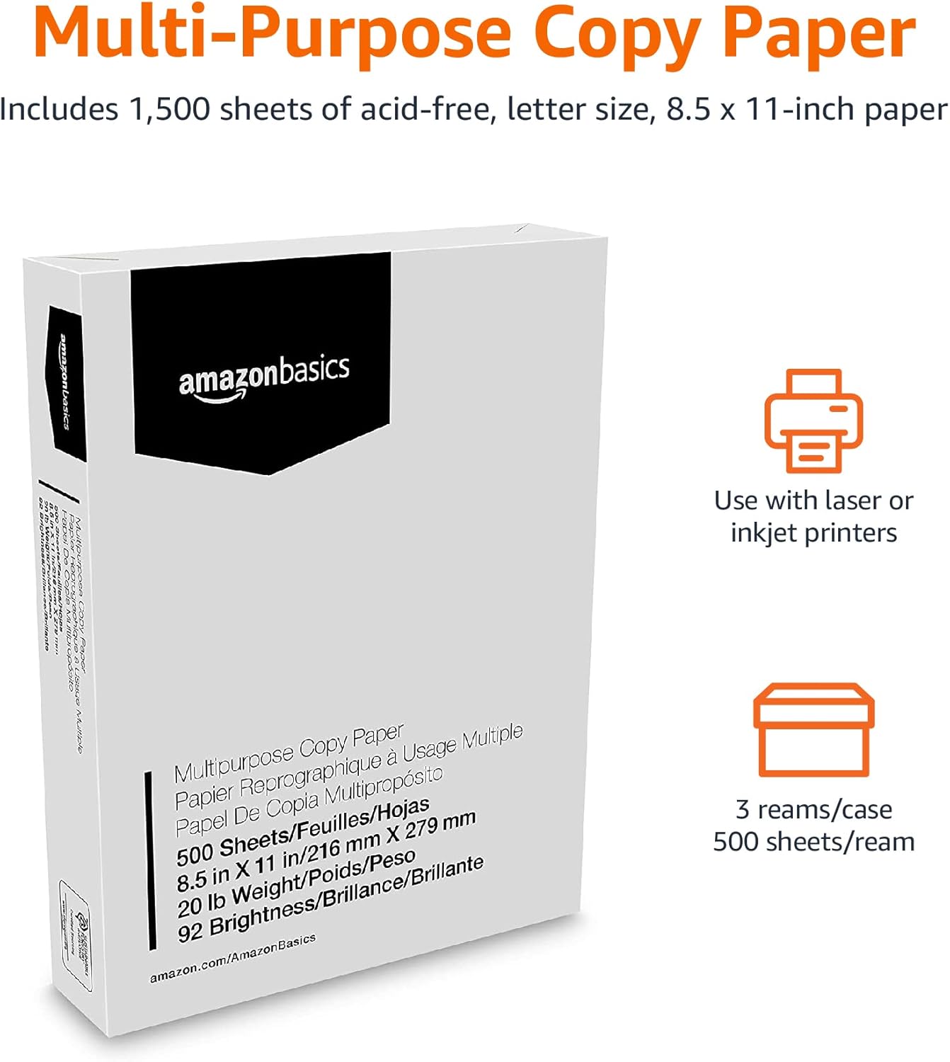 Amazon Basics Multipurpose Copy Printer Paper, 20 lb, 8.5 x 11 Inches, 3 Reams (1,500 Sheets), 92 Bright, White