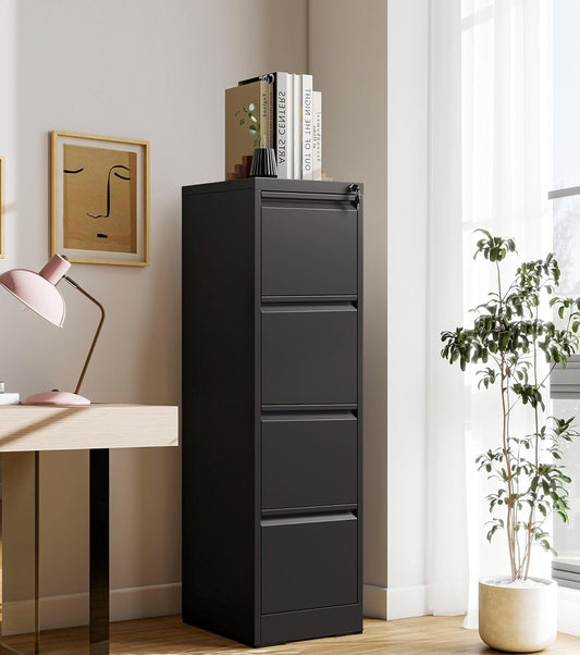 4-Drawer Locking Vertical File Cabinet, Metal Storage Cabinet for Office/Home – Secure Vertical Filing for Letter/Legal/A4/F4 Documents, Easy to Assemble Steel Cabinet (Black, 4 Drawer-52 H)