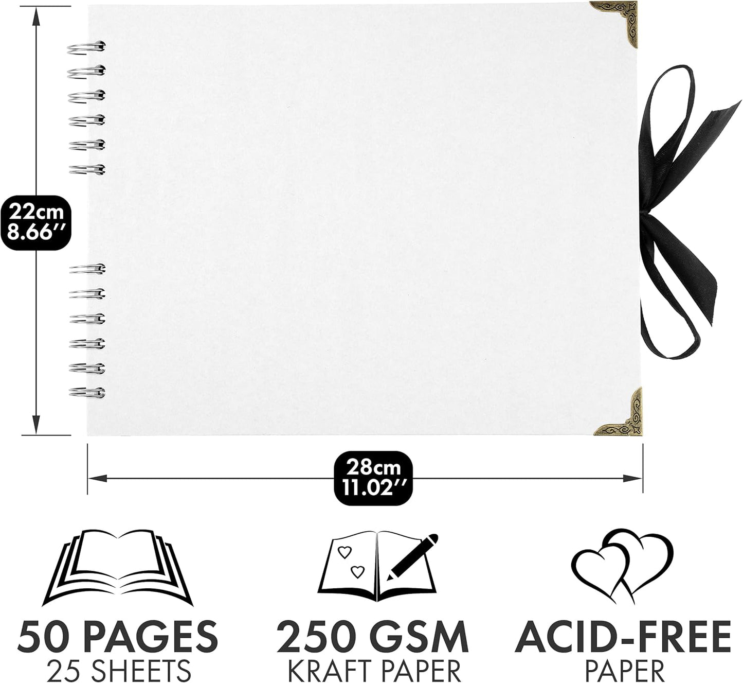 Bstorify Square Scrapbook Photo Albums 50 Pages (28 x 22 cm) White Thick Paper, Hardcover, Metal Corners, Ribbon Closure - Ideal for Your Scrapbooking Albums, Art & Craft Projects