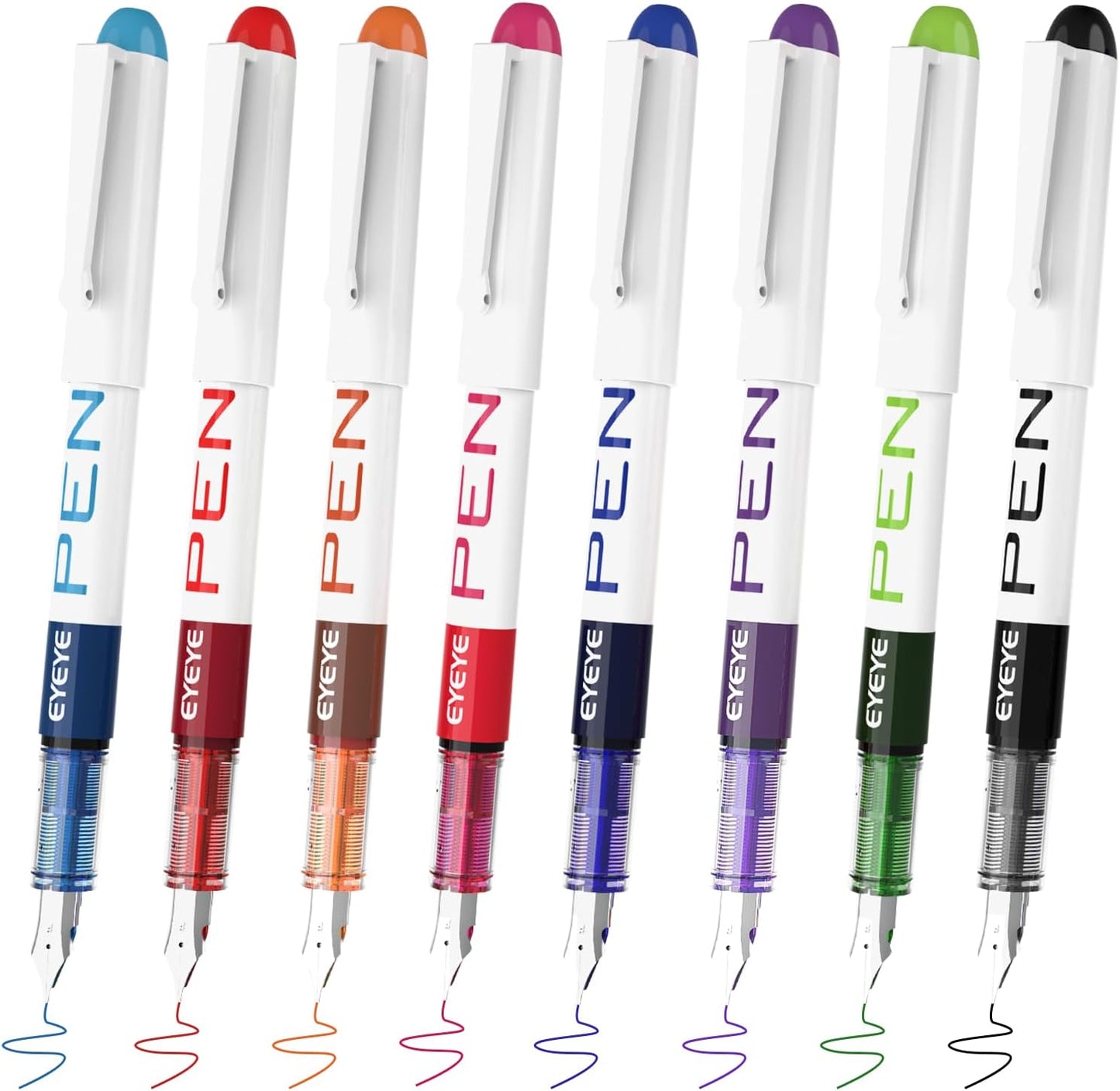 EYEYE Fountain Pens for Writing, 8 Pack Assorted Colors Fine Point Disposable Fountain Pens Stainless Steel Nib, Smooth Writing for Calligraphy, Journaling, Drafting, Sketching, Doodling & Gifts