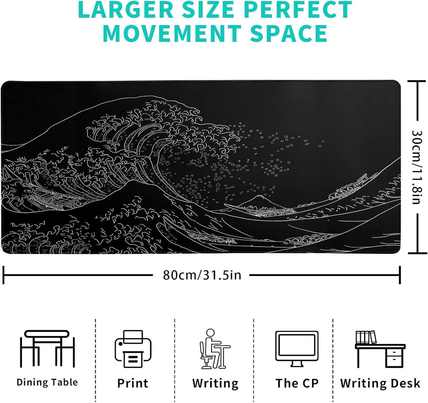 Mousepad 31.5 x 11.8 inches, Large Gaming Mouse Mat with Non-Slip Base, Extended Anime Mouse pad, Full Keyboard Mat with Stitched Edges for Gaming and Office (Kanagawa Wave)