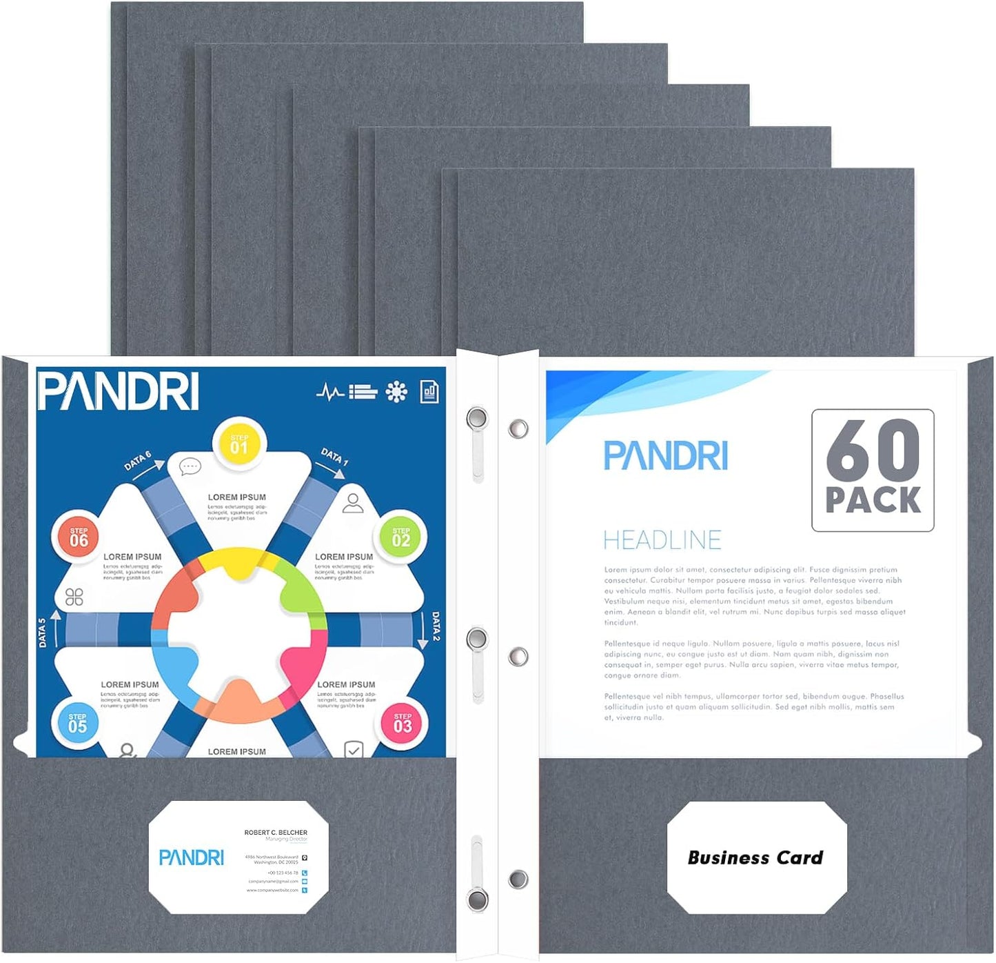 Two Pocket Folders, PANDRI 60 Pack Two Pocket Folders with Prongs, 3 Prong Folders Designed for Office and Classroom, Letter Size Grey