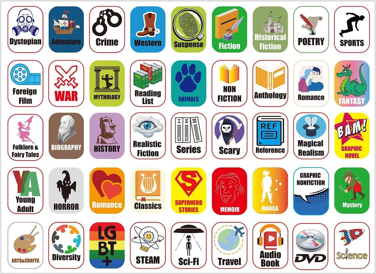 45 Genre Book Spine Labels for Library | Set of 450 Classroom Library Classification Stickers