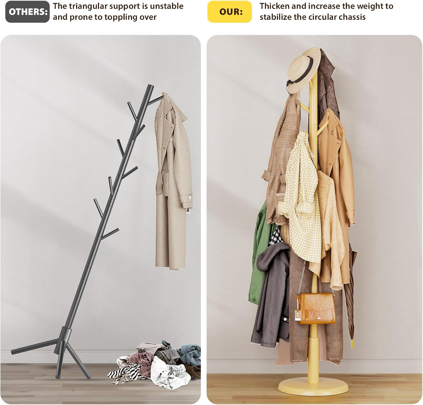 Solid Wood Coat Rack Freestanding Coat Tree with 10 Hooks for Bedroom, Livingroom, Entryway, Sturdy Coat Hanger Stand for Hats, Coats, Scarves, Handbags, Purses